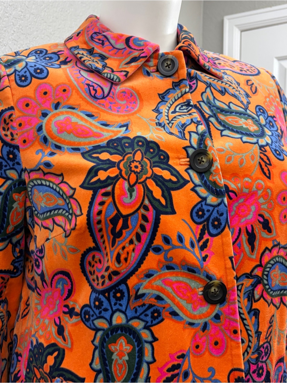 Boden Orange Paisley Velvet  Button-Front Long Sleeve Coat - Size 14 - Picture 2 of 16
